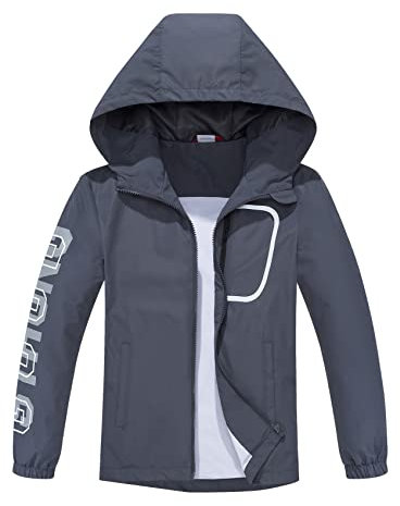 ALXHUTE Veste de pluie pour enfant - Imperméable et coupe-vent - Veste de mi-saison avec capuche, Gris, 15 ans