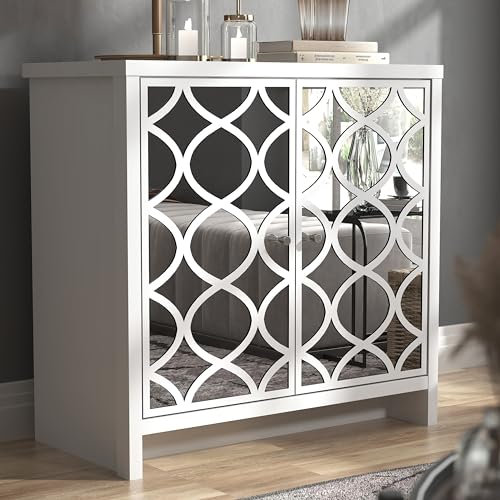 Galano Iris 2 Door Sideboard – Storage Cabinet for Living Room & Kitchen – Space Saving Side Unit with Arylic Mirror Doors, Modern Side Board Organizer - White
