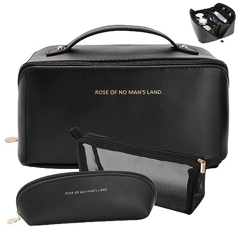 zaleeta Reise-Make-up-Tasche, 3er-Set, große Kapazität, Kosmetik-Organizer-Taschen für Damen, wasserdicht, PU-Leder, Kulturbeutel, weit offen, flach, Make-up-Tasche mit Trennwand und Griff, Schwarz,