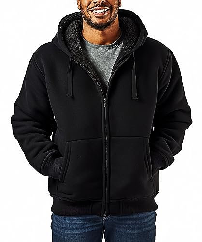 Butygity Sudaderas con capucha con forro de sherpa para hombre, sudadera pesada con cremallera completa, chaquetas de forro polar grueso, abrigos cálidos de invierno, Negro -, Large