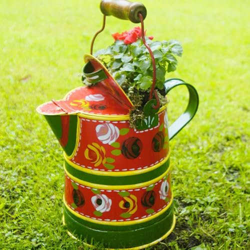 Black Country Metal Works 2 Gallon Hand Painted Narrow Boat Style Watering Can/Planter - Canal Art Style - Red Finish