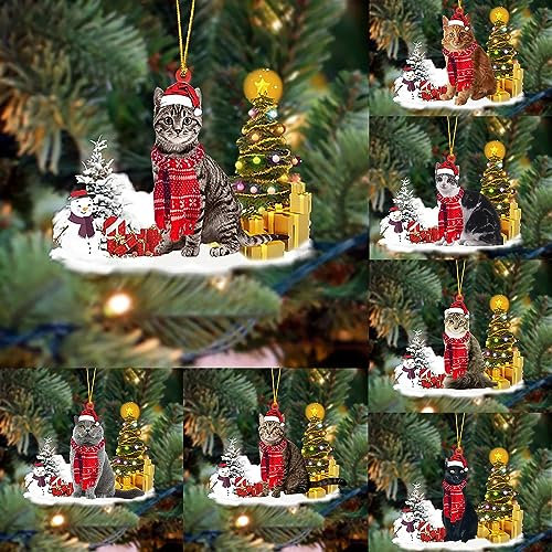 7 Stück Weihnachtsdeko zum Aufhängen, Katze Weihnachtsanhänger aus Holz, Weihnachtsbaumschmuck, Christbaumschmuck, Weihnachten Hängedeko für Christbaum oder Tannenbaum, Fenster und Tür (7pcs)