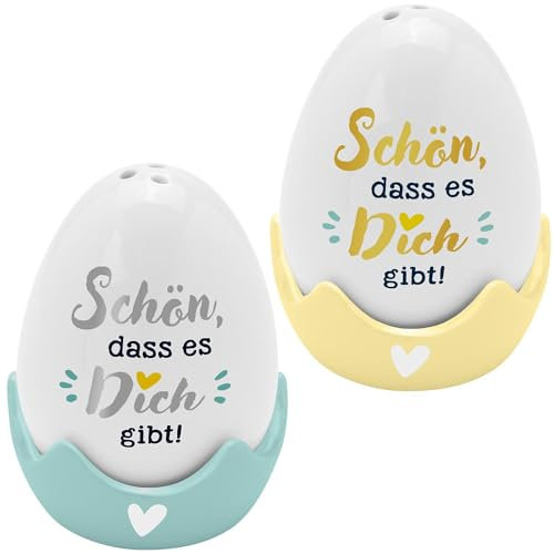 GRUSS & CO Eierbecher-Streuer-Set Motiv Schön | 4-teiliges Set, bestehend aus Salz- und Pfefferstreuer in Eierform und 2 passenden Eierbechern | Geschenk Ostern, Osternest, Osterdeko | 48583