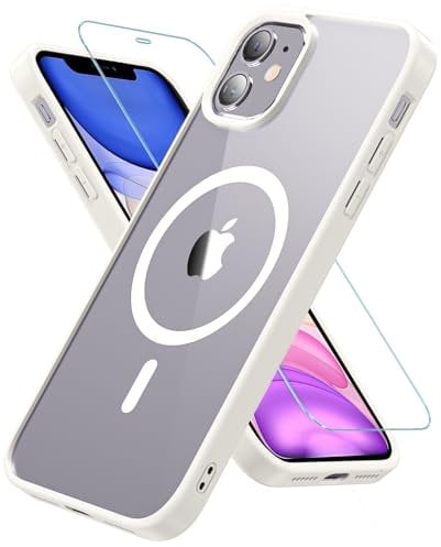 OWKEY Compatible with iPhone 11 Case, iPhone 11 Phone Case 6.1 for Magsafe with Tempered Glass, [Shockproof Military Grade Drop] Transparent Back Magnetic Slim Bumper Cover Case for iPhone 11, White