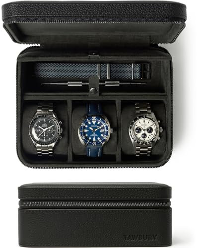 TAWBURY Leder-Uhrenetui für Reisen mit Aufbewahrungsfach - Uhrenbox Schwarz für 3 Uhren | Watch Case Travel