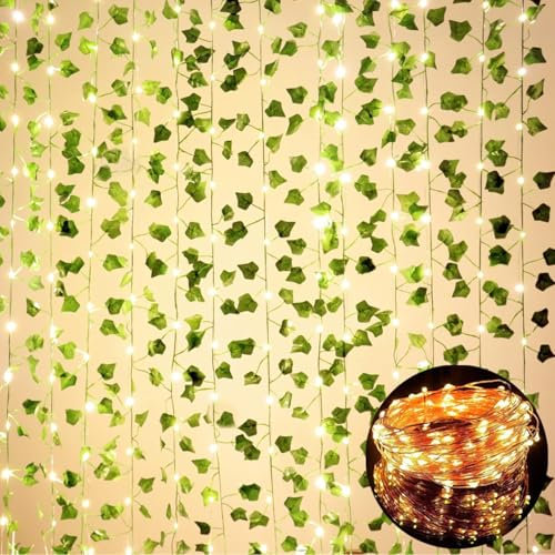 HanYun 25m 12 Stück künstlicher efeu Blätter Girlande Künstlich Gefälschte Pflanzen mit 200 LEDs Lichterkette blätter für Home Garten Hochzeit Weihnachtsdekoration Gefälschte Grün Decor