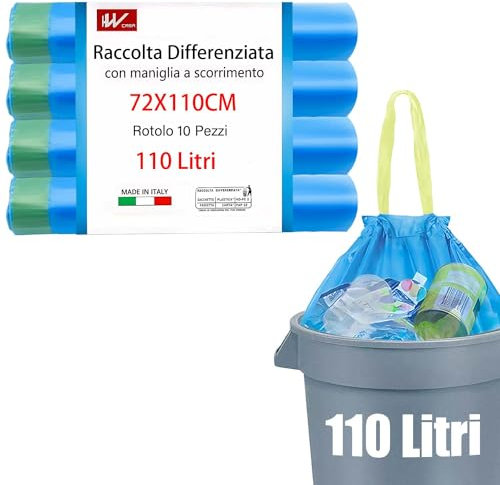 HW 40 Pezzi Sacchi Spazzatura per Raccolta Differenziata, 110 Litri con Maniglia a Scorrimento, Sacchetti Spazzatura Alta Resistenza,Spazzatura Differenziata per la Riciclabile(Blu 72x110CM)