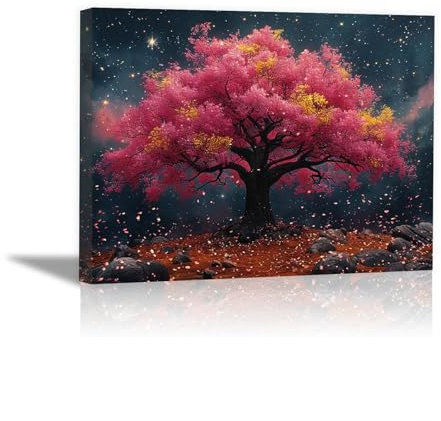 JOSUE Tableau Sur Toile Arbre De Vie paysage arborescent Impression Sur Toile,Rose, noir Peintures Pour Chambre Maison Bain Salon Restaurant- 75x115cm Encadrée