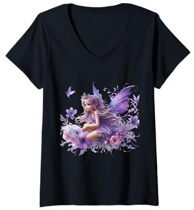 Damen Lilafarbene Fee, Flieder, Blume, Lilie, Feen, Blumen T-Shirt mit V-Ausschnitt