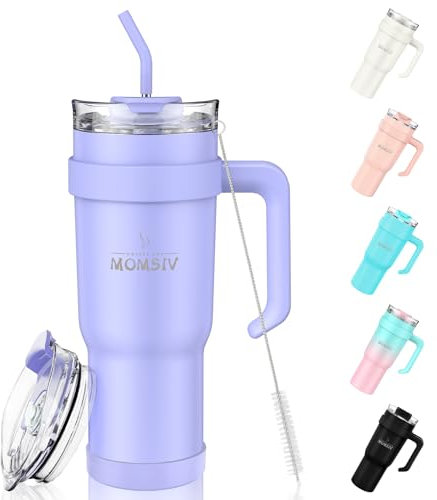 MOMSIV Vaso de 40 onzas con asa y popote, gran capacidad, 1100 ml, acero inoxidable, a prueba de fugas, taza de café aislada al vacío, botella de agua para bebidas heladas calientes y frías, morado