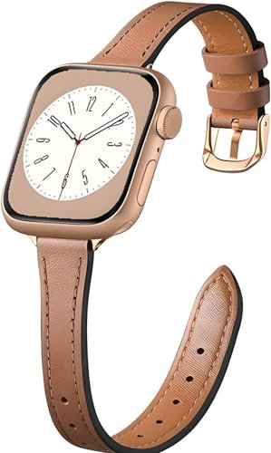 Luxury Slim Leder Armband Kompatibel mit Apple Watch Armband 38mm 40mm 41mm 42mm 44mm 45mm 46mm 49mm, Top Grain Echtes Leder Armband, Dünne Armband for iWatch Ultra, SE, Series 10 9 8 7 6 5 4 3 2 1