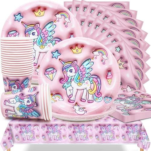 Lot de 61 vaisselle de fête licorne Huaxintoys pour fête d'anniversaire, mariage, anniversaire avec assiettes, gobelets en carton, serviettes et nappe (20 invités)