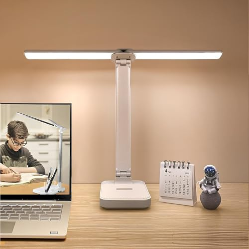 Lampe de Bureau LED, Double Tête Desk Lamp, 4000mAh Lampe, Dimmable 3 Modes de Couleur, Port de Charge USB, Tactile, Protection des Yeux Lampe de Table Pliable pour Enfants, Etude,Travail de Bure
