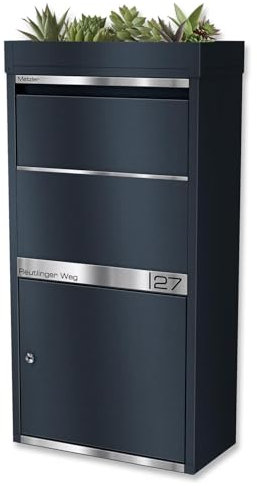 Metzler Paketbox mit Pflanzdach, Anthrazit RAL7016, Personalisierbar, Edelstahl-Namensschild, Rostfrei, Massiv, Für Pakete bis Größe S, Modell Avalon 1