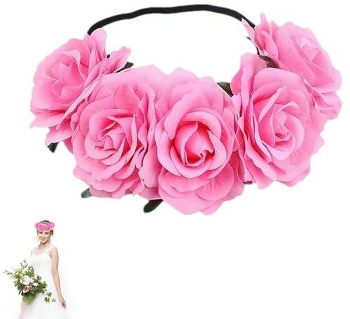 Muuzebsy Rosenblumen-Haarkranz – Rosenkrone, Boho-Blumenkranz, Blumenkranz, Blumen-Halo-Kopfschmuck, Hochzeit, Rosy, Blumen-Haarband, Kopfschmuck für Hochzeit