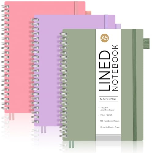 AUTEMPO A5 Spiral Notebook, 160 Lined Pages, Flexible Plastic Cover, 3 Pack | Journal for Women Men, 100 GSM Thick Paper, Notepad for Work Office School, 14.5 x 21cm - Green,Pink,Purple