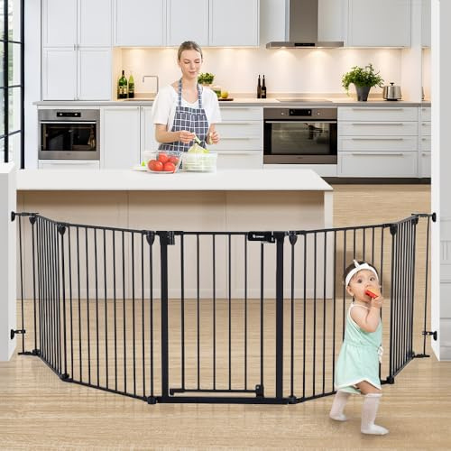 COMOMY 127.8 Extra Wide Baby Gate, Dog Gate for House Stairs Doorways Fireplace, Auto Close Pet Gate with Door Walk Through, 5 Metal Panels, Hardware Mounted Baby Fence Indoor Outdoor(30 Tall,Black)