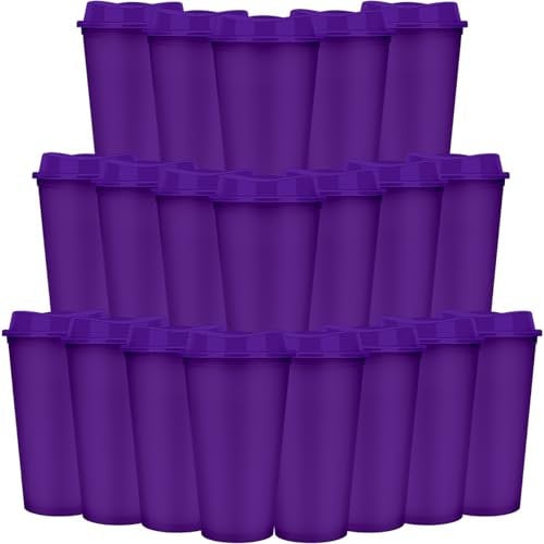 20 Pcs Reusable Coffee Cups with Lids 470 ml Plastic Tumblers Iced Coffee Cup Travel Mug for Adults and Women Kid Hot and Cold Drinks, Microwaveable (Purple)