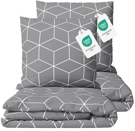 Class Home Collection Bettwäsche 135x200 cm - 4-teiliges Renforce Bettwäsche-Set aus Baumwolle mit Reißverschluss, Cube Design in Grau, für Einzel- und Doppelbetten