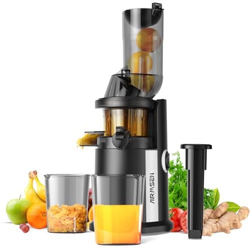 AIRMSEN Slow Juicer, Entsafter Gemüse und Obst mit 82mm Großem Einfüllöffnung für ganze Früchte entsaften, Max 450W BPA freie Cold Press Juicer Machine mit 2 Behälter und Bürste - Schwarz