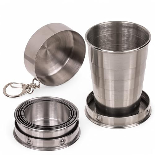 MIJOMA Faltbares Schnapsglas mit Schlüsselanhänger – Edelstahl Mini Shotglas für unterwegs, Camping, Festivals & Partys – Kompaktes Reise-Schnapsglas, rostfrei & langlebig