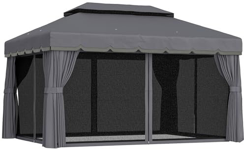 Outsunny Cenador para Jardín de Aluminio 4x3 m Pérgola de Jardín Gazebo con Doble Techo de Ventilación Paredes Laterales Anti-UV Mosquiteras Carpa para Exterior Terraza Patio Gris