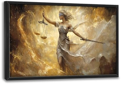 Wandkunst, Gerechtigkeitsskala, Wanddekoration, Themis Justitia, Leinwand, Rechtsprinzipien, Gemälde, modernes Kunstwerk, Dekoration für Anwälte, Büro, Wohnzimmer, Schlafzimmer, gerahmt, 61 x 91,4 cm