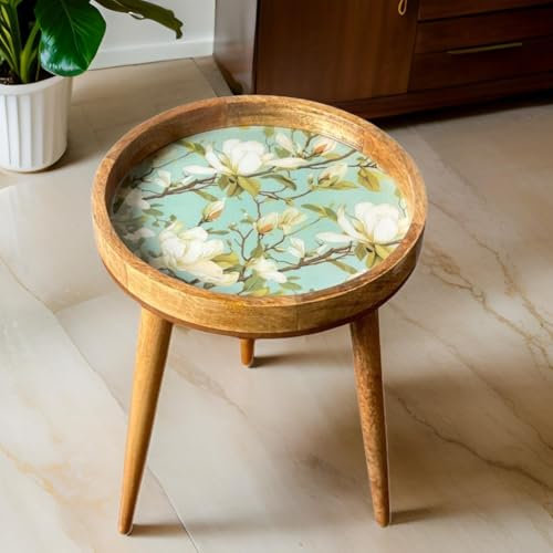 Hartsmede Mango Wood Side Table – Handmade 85% Artisan Small Coffee Table – 38cm Enamel Top – Resin-Coated – Two Heights: 18 or 24 – Lightweight & Strong – Living Room or Bedroom (Snowbell, 18)