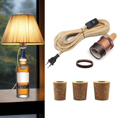 E27 Lampenfassung für Flaschen, Metall Keramik Fassung mit 240CM Hanfseil Kabel, Flaschenadapter Lampe Flaschenlicht mit 3 Kork, Flaschenlampe Aufsatz, DIY Tischlampe Kit für Vielfältig Flaschen