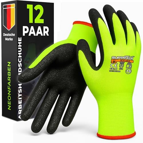 MK-Glove Reflektierende Arbeitshandschuhe Herren mit Rauh Latexbeschichtung (12 Paar) - Schutzhandschuhe für Baustelle und Werkstatt - Strapazierfähige Gartenhandschuhe - 9 - L - Neon