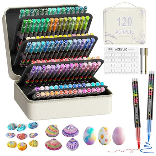 Sanyetral 120+2 Colours Acrylic Paint Pens - Painting Markers for Stone Glass Wood Porcelain Ceramic Fabric - Water Based Acrylic Brush Pens