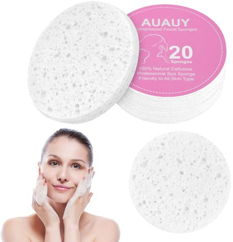 AUAUY 20PCS Esponjas Faciales Comprimidas, Esponjas Desmaquillantes de Celulosa, Redonda Desmaquillante Belleza Esponja, Perfecta para Spa Facial, Exfoliante, Eliminación de Maquillaje (Blanco)