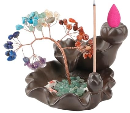LCUHAVA Quemador de incienso con reflujo con piedras curativas El Árbol de la Vida Cascada de incienso con árbol Feng Shui Decoración Portarruhos, quemador de incienso para varitas de incienso para