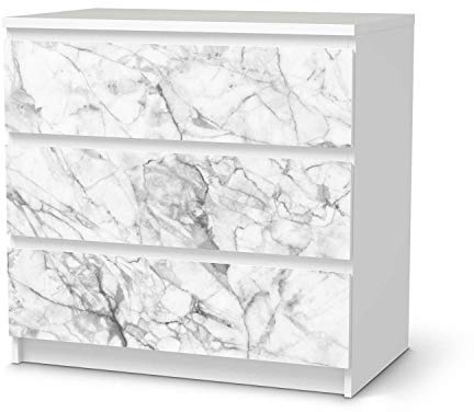 Wandtattoo Möbel passend für IKEA Malm Kommode 3 Schubladen I Möbelaufkleber - Möbel-Tattoo Sticker Aufkleber I Wohnen und Dekorieren für Wohnzimmer und Schlafzimmer - Design: Marmor weiß