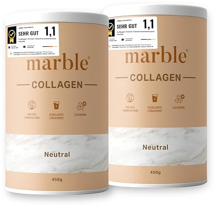 marble® Collagen Pulver [2 x 450g] – Kollagen Hydrolysat – Peptide Typ 1, 2 & 3 – Exzellente Löslichkeit ohne Klumpen – Laborgeprüft – Made in Germany – 60 Tage risikofrei – Geschmacksneutral