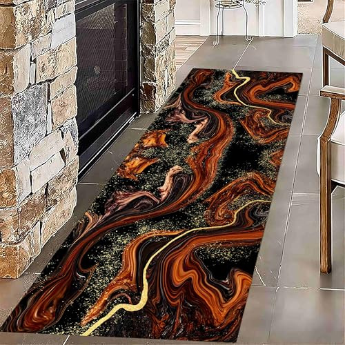 Marmorroter Läuferteppich, 60x300cm Moderner, Abstrakter, Geometrischer Wirbel-Kunstteppich, Luxuriöser, Ästhetischer Marmor-Teppich, Rutschfester Waschbarer Teppich für Wohnzimmer, Küche, Büro