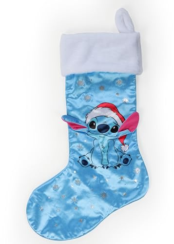 Jay Franco Kids Disney Lilo & Stitch Christmas Stocking – 32 x 50cm Stitch Santa with Glitter Snowflakes – Fireplace Hanging Holiday Ornaments Decoration, Blue