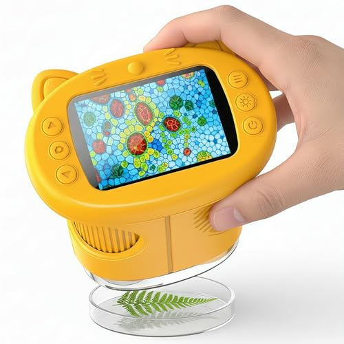 OAEBLLE Kinder Mikroskop, 1000X 4K Tragbares Digitalmikroskop mit 2,4 IPS-Display, 8 LED & USB-Akku, Lernspielzeug und Entdecker-Lupe für draußen und Schule, Geschenk für Mädchen 3–12 Jahre - Gelb