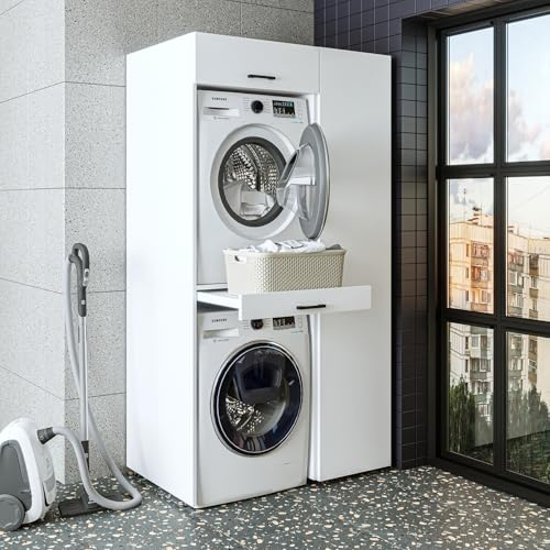 ROOMART Waschmaschinenschrank Serie Duo-I – 112 cm breit – Waschmaschinenüberbau für Trockner & Waschmaschine, Waschschrank in 3 Farben (Weiß, V1 - HBT: 205x112x67 cm, 5X Regalböden)
