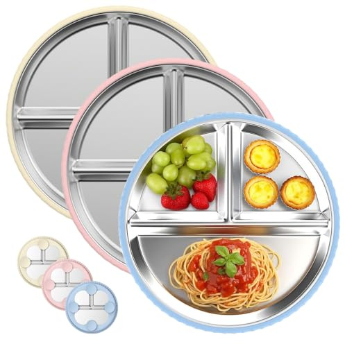 SINZONeu Stainless Steel Silicone Menu Plate Set, 3 Pieces, 3 Parts, with Suction Cup Base, Dishwasher Safe, Non-Slip, Yellow/Blue/Pink