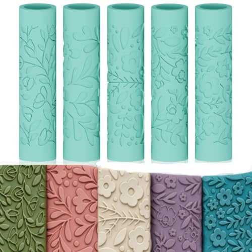 ORIGACH 5 Stück Blumen & Pflanzen Polymer Ton-Texturroller für DIY Ohrringe | Prägung Texturen Roller Zur Herstellung von Ohrringen Ton Textur Rollen Set Mit Transparenter Aufbewahrungsbox, 10 × 2.4cm