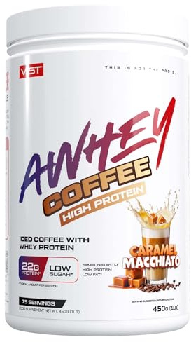 VAST AWHEY Iced Protein Coffee Caramel Macchiato, 450 g, 22 g Protein & 80 mg Koffein pro Portion, 75% Proteingehalt, ohne Zuckerzusatz, instant löslich