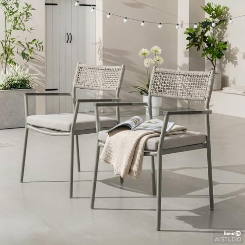 home24 Gartenstuhl 2er-Set Grau mit Kunststoff-Armlehnen, Pulverbeschichtetes Aluminium & Polyester-Geflecht, Pflegeleichtes Sitzmöbel für den Außenbereich