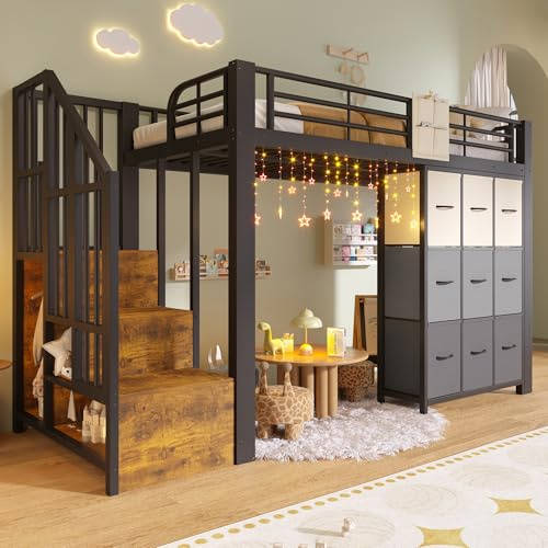 BTM Metall Hochbett 90x200 mit Treppe und Modulares Schubladen Stauraum Hochbett Kinder mit Rausfallschutz, Schwarz