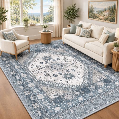 Capslpad Vintage Teppich Wohnzimmer 120x180cm Waschbarer, Blau | Kurzflor Rutschfest Teppiche, Weich Boho Wohnzimmerteppich für Schlafzimmer Büro Esszimmer