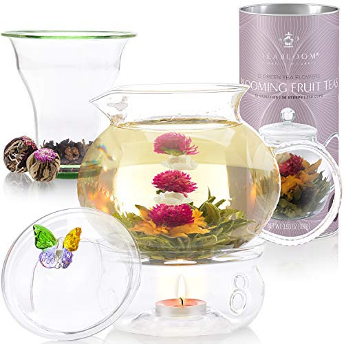 Teabloom Wings of Love Blooming Tea Gift Set - 1500ml Borosilicate Glass Teapot, Teapot Warmer, Glass Loose Tea Infuser, 12 Fruit Flowering Tea Canister