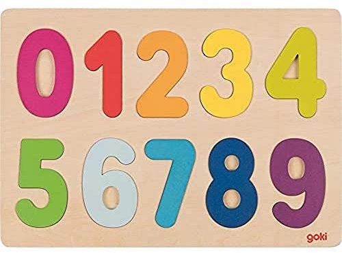 goki 57731 Einlegepuzzle Zahlen 0 bis 9 aus Holz, Holzpuzzle mit bunten Ziffern, Lernspielzeug und Kinderpuzzle, fördert Fantasie und Motorik der Kinder, 30cm x 21cm, 10er Set, ab 2 Jahre