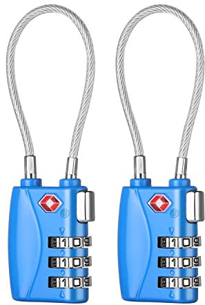 ZHEGE Travel Lock TSA Approved, Cable Travel Lock, 3 Digit Combination Zipper Locks for Suitcases, Baggage, Backpacks, Briefcases, Small Suitcase Padlocks for Gym, School (Blue, 2 Pack)