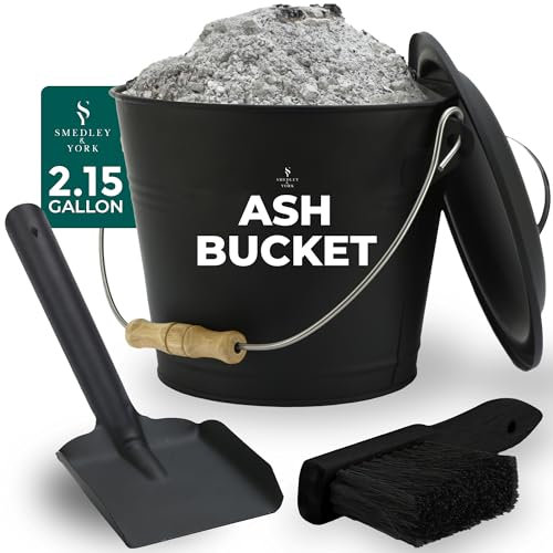 Smedley & York Ascheeimer und Kaminwerkzeug-Set mit Deckel, Schaufel und Besen, 2,15 Gallonen, Schwarz