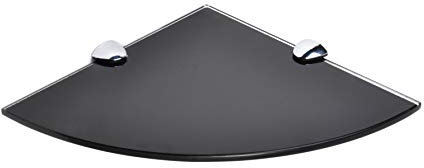 BSM Marketing Eckregale aus gehärtetem Glas für Badezimmer, Schlafzimmer, Küche, Büro, 250 mm, 6 mm dick, schwarz, weiß oder transparent, mit großen verchromten Regalhalterungen, Schwarz